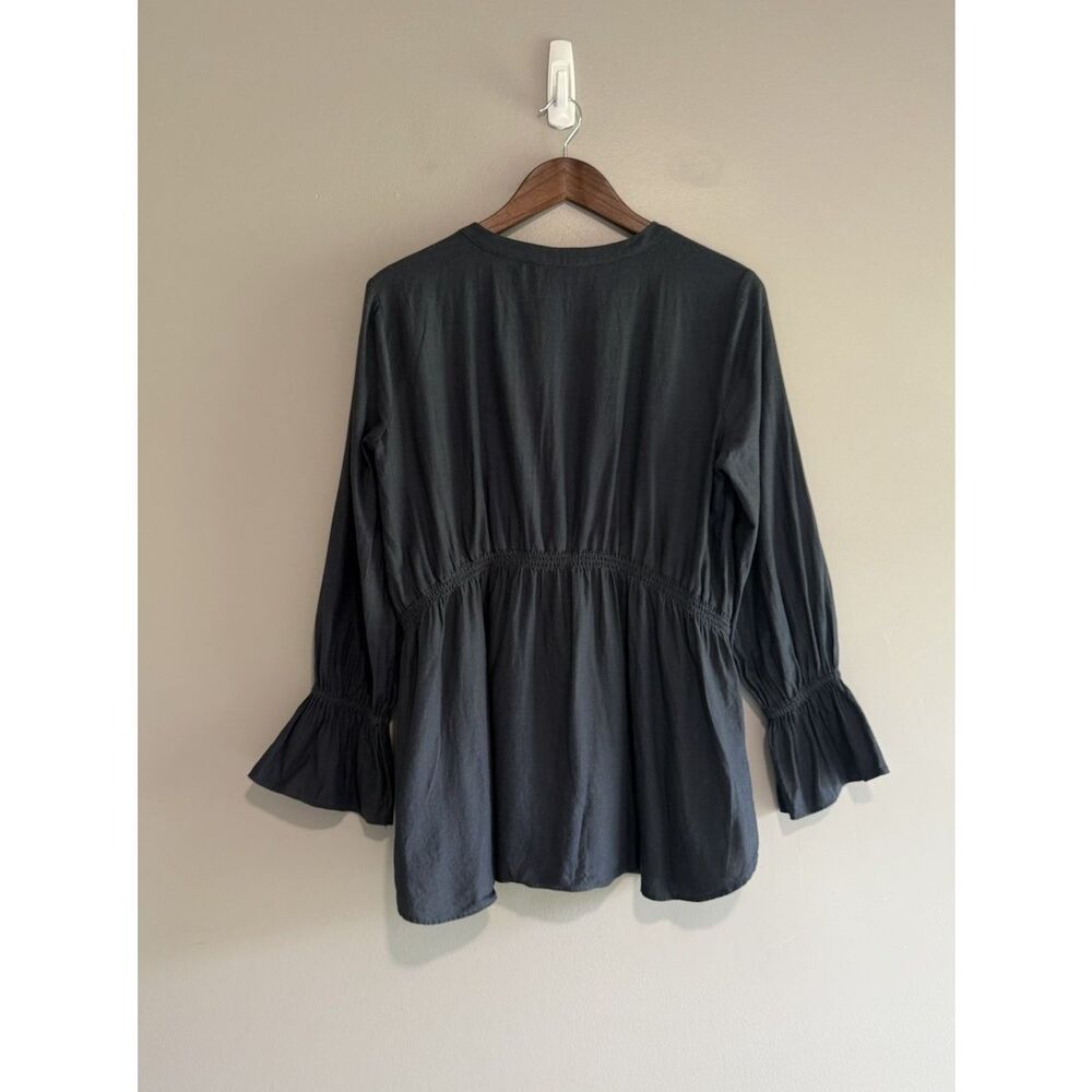 Loft Cotton Navy Top Long Sleeve Flutter Ruched Ruffle Flared Nautical Button M - Picture 7 of 15